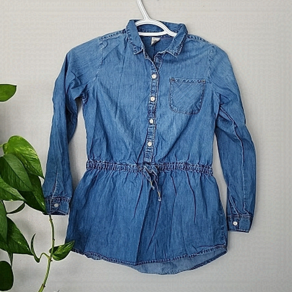 Oshkosh denim chambray girls drawstring top shirt 10 12 - Picture 1 of 5